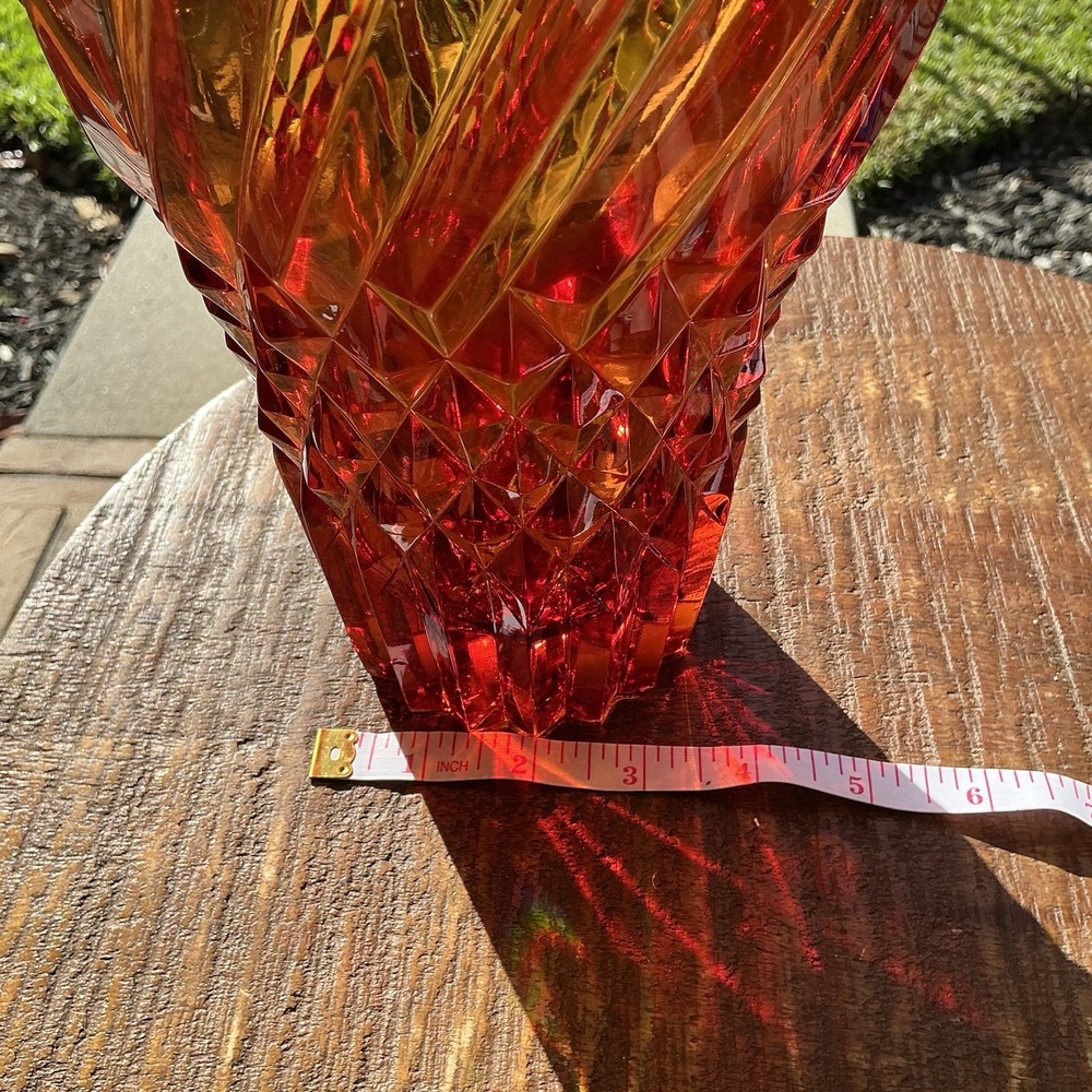 VTG L.E. Smith Amberina Diamond Point Swirl Vase Amber Glass, Heavy Pressed - Picture 7 of 14